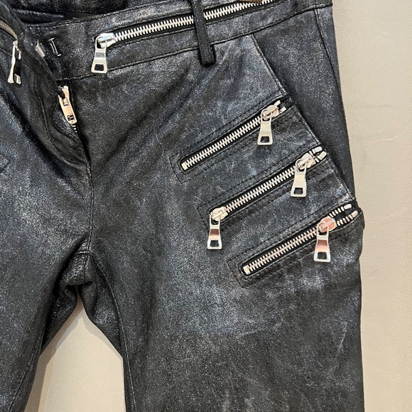 BALMAIN - FR38/6 Skinny Zip Moto Biker Pants in Glitter/Silver Lambskin Leather - Picture 4 of 15